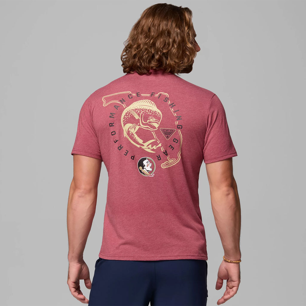 Columbia Men's FSU Spear/Seminole Logo Fish Design PFG Short Sleeve T-shirt - Heathered Garnet