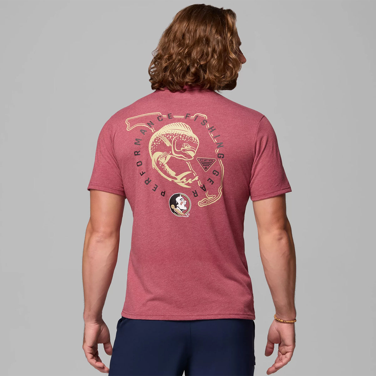 Columbia Men's FSU Spear/Seminole Logo Fish Design PFG Short Sleeve T-shirt - Heathered Garnet