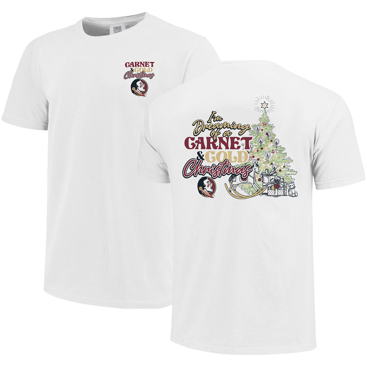 Image One Comfort Colors Garnet & Gold Christmas Design Short Sleeve T-shirt - White