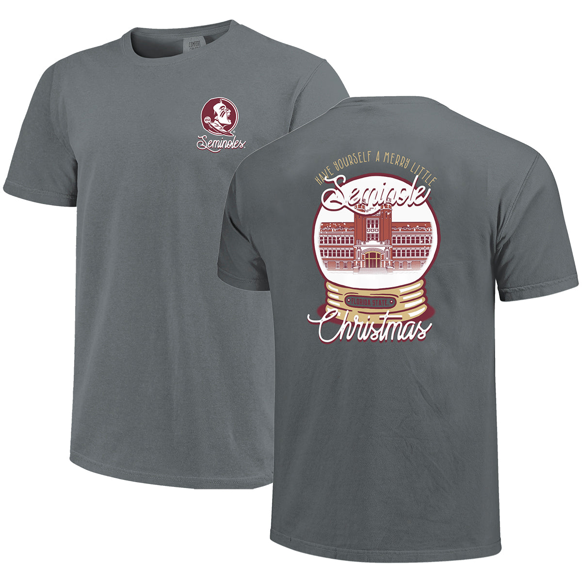 Image One Comfort Colors Merry Little Seminole Christmas Snow Globe Design Short Sleeve T-shirt - Granite