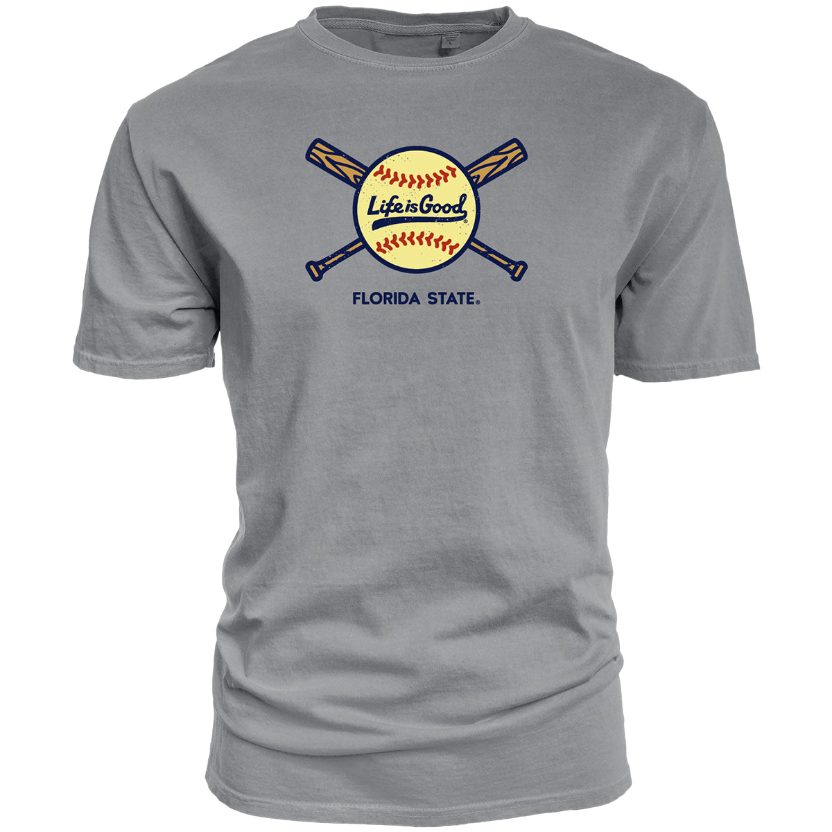 Blue 84 Men's Florida State Softball Crossed Bats Life is Good Design Short Sleeve T-shirt - Steel