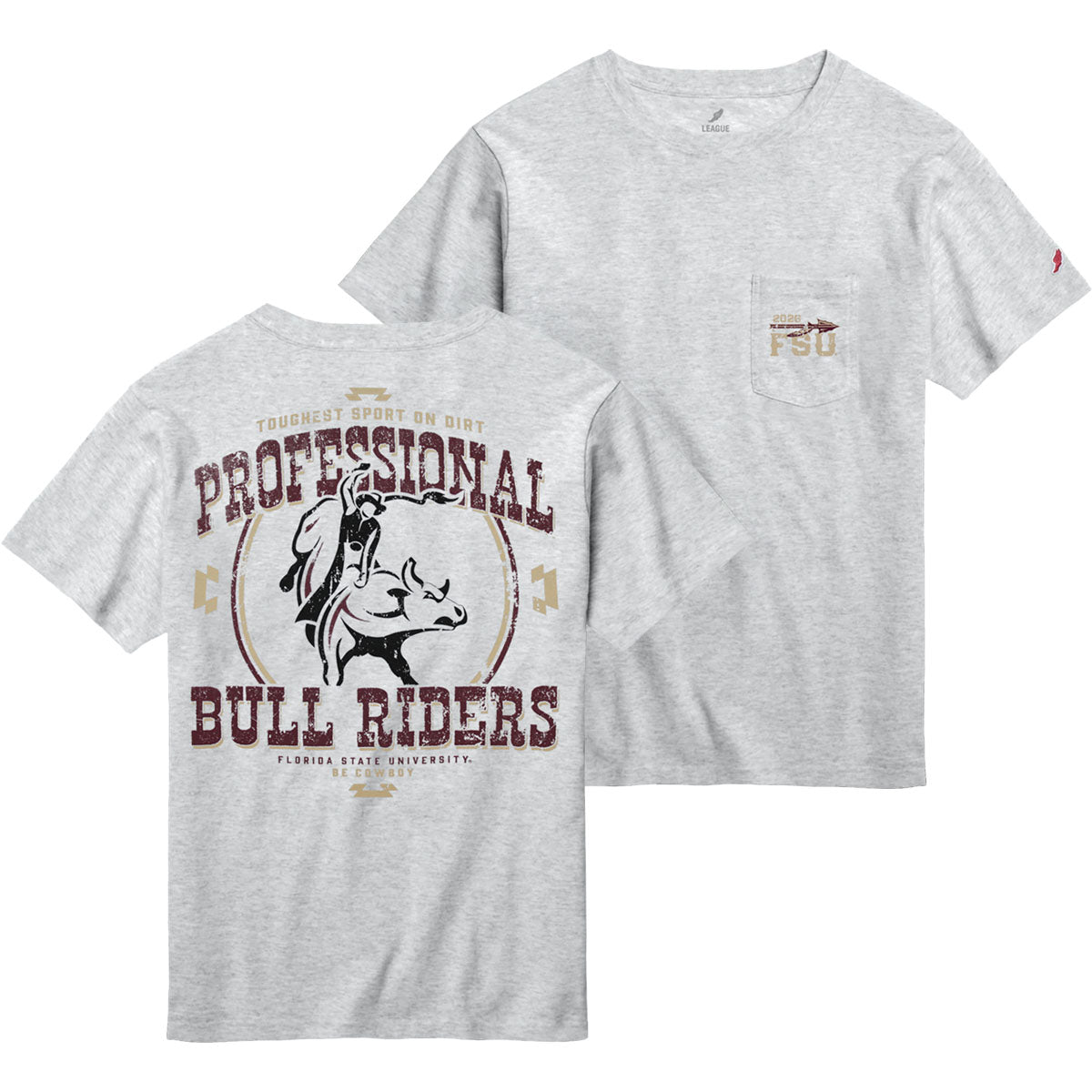 League Men's Florida State Professional Bull Riders Design Short Sleeve Pocket T-shirt - Ash