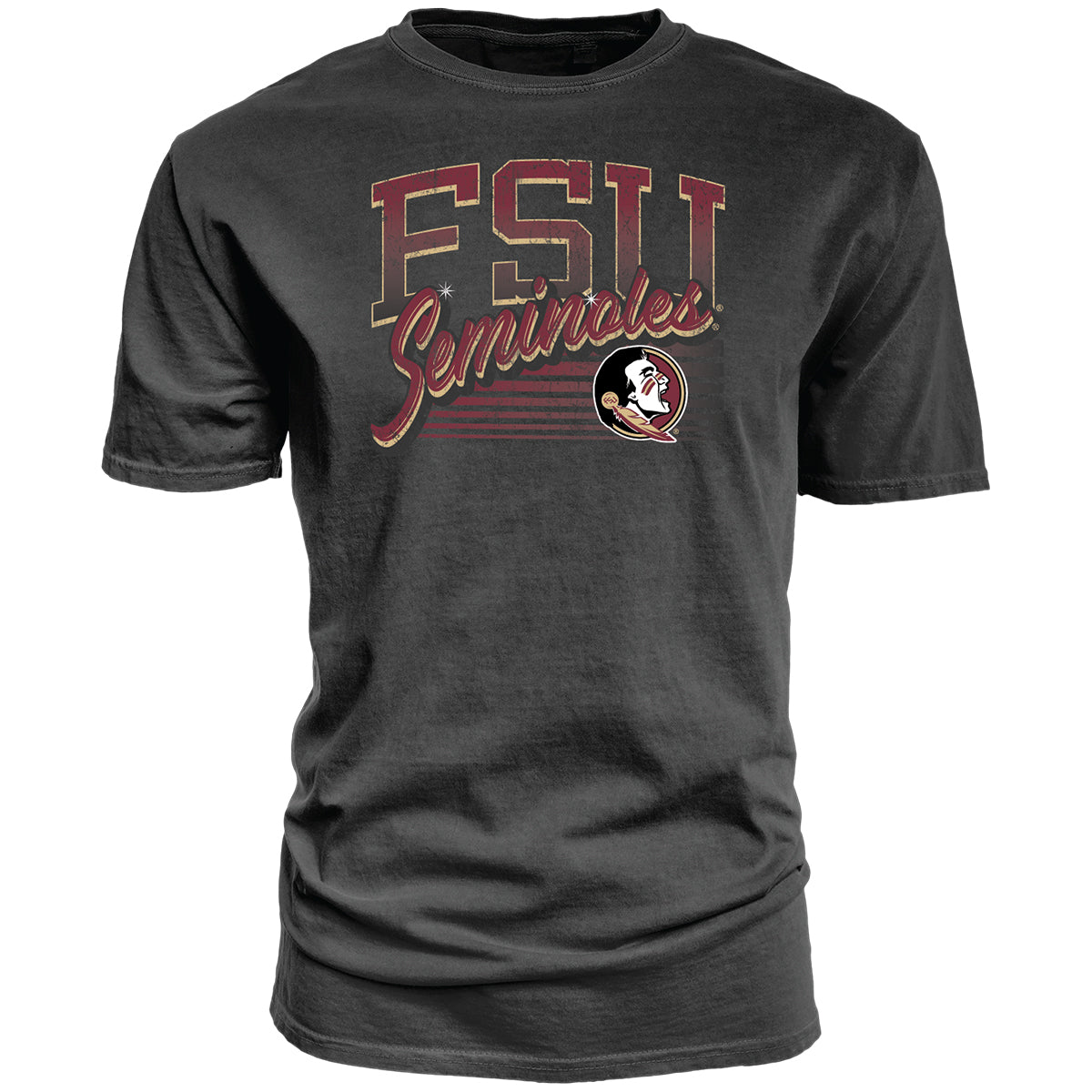 Blue 84 Men's FSU Seminoles/Seminole Logo Design Short Sleeve Garment Dyed T-shirt - Coal