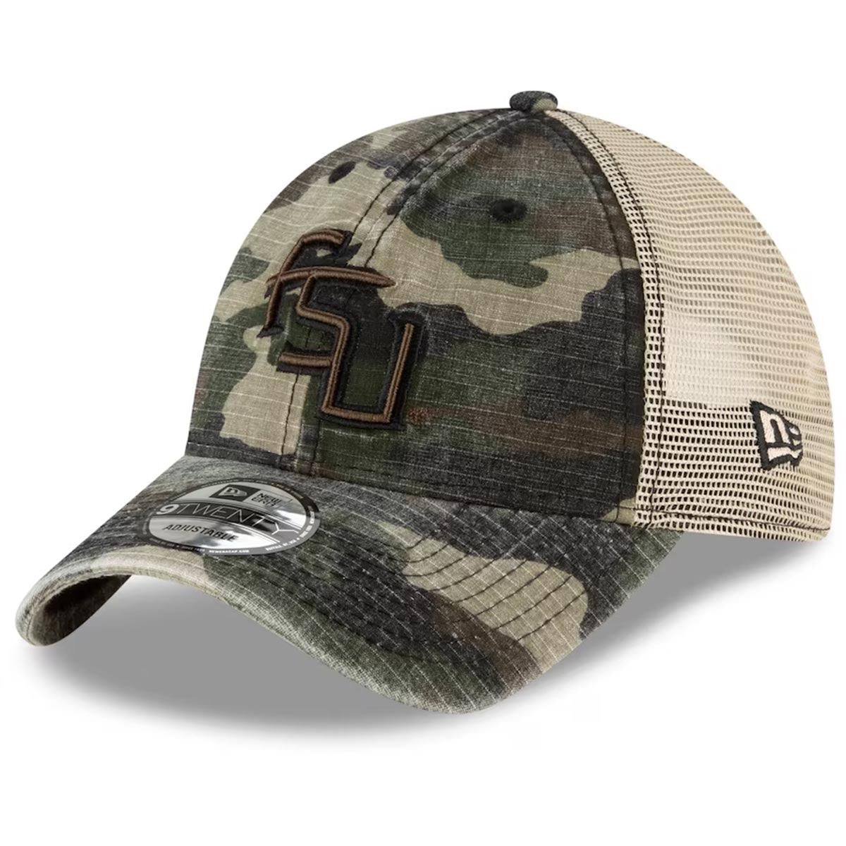 New Era Stacked FSU 9Twenty Adjustable Trucker Cap Camo Garnet Gold