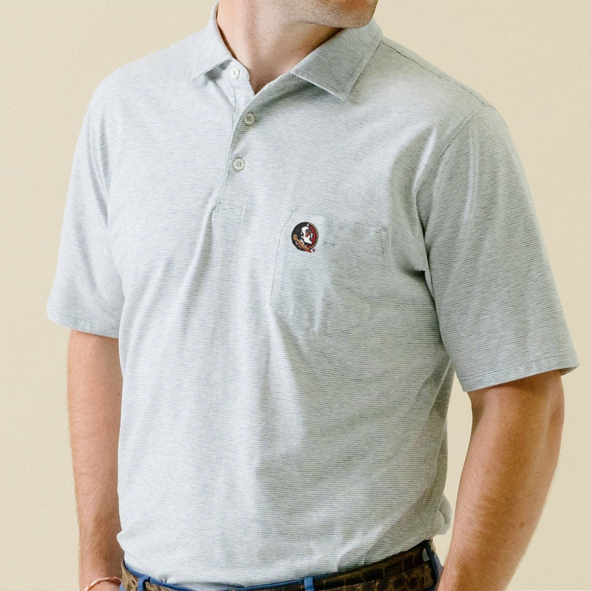 B.Draddy Men's Seminole Logo Vin Polo - Grey Heather/White