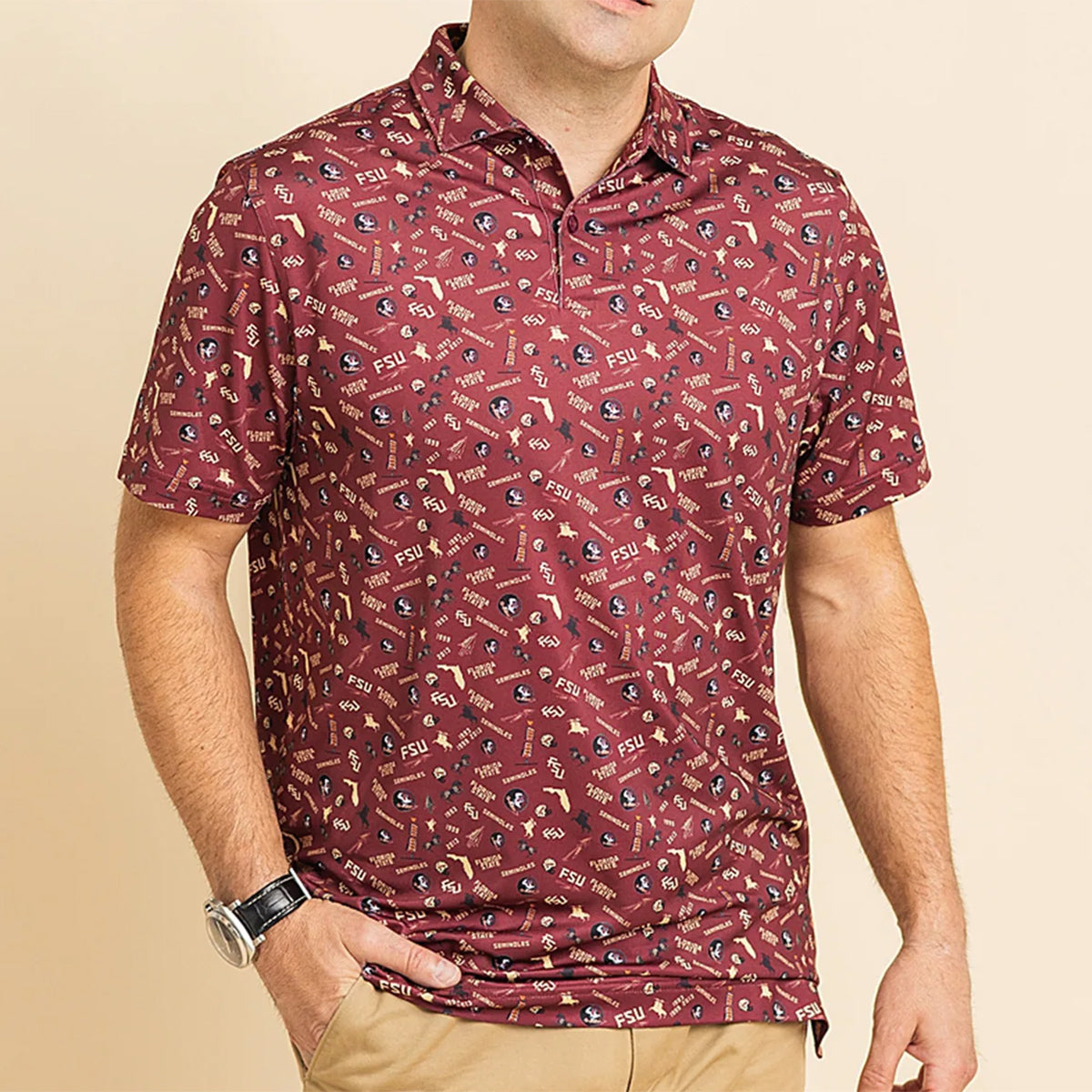 Warner Safari Men's All Over Seminole Safari Design Polo - Garnet
