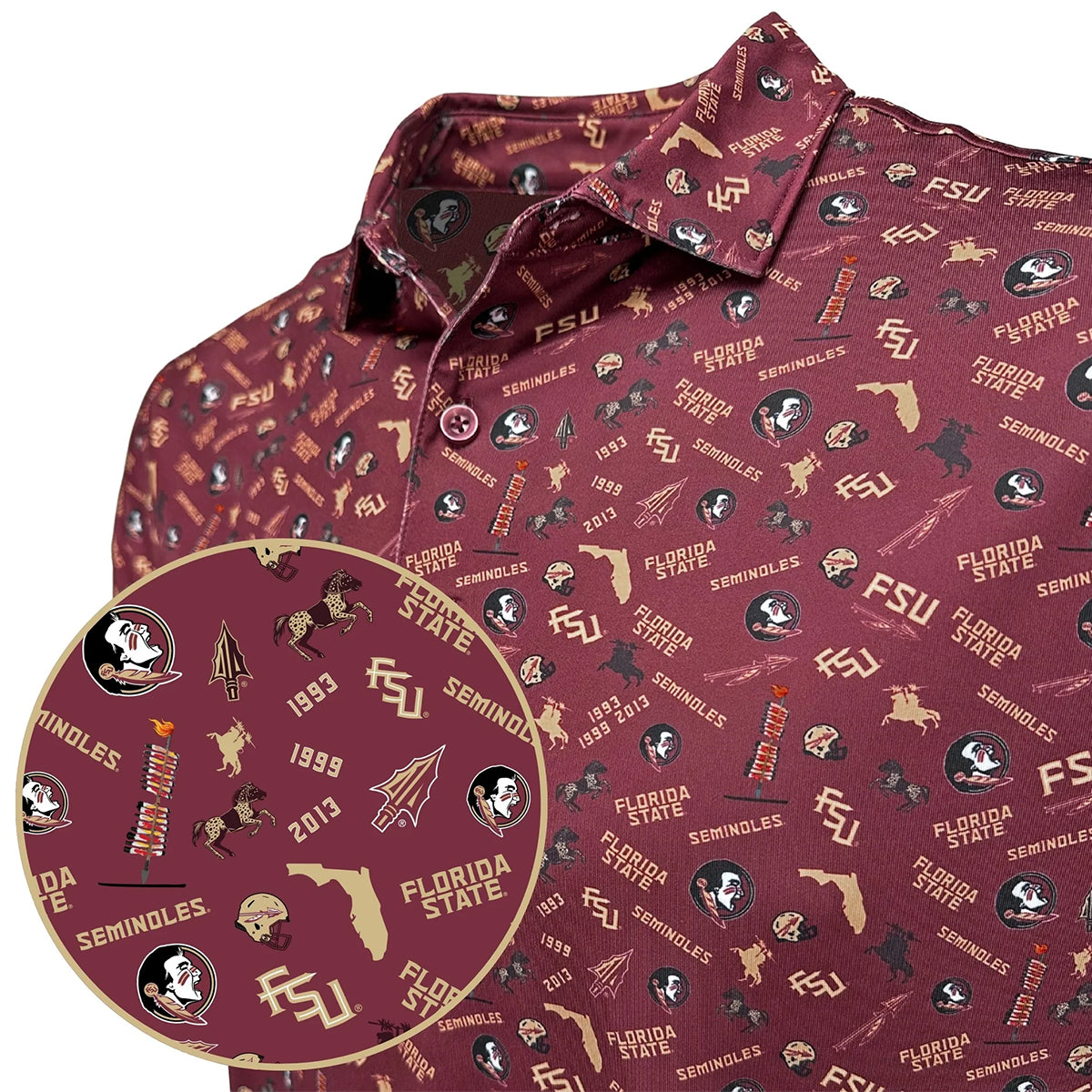 Warner Safari Men's All Over Seminole Safari Design Polo - Garnet