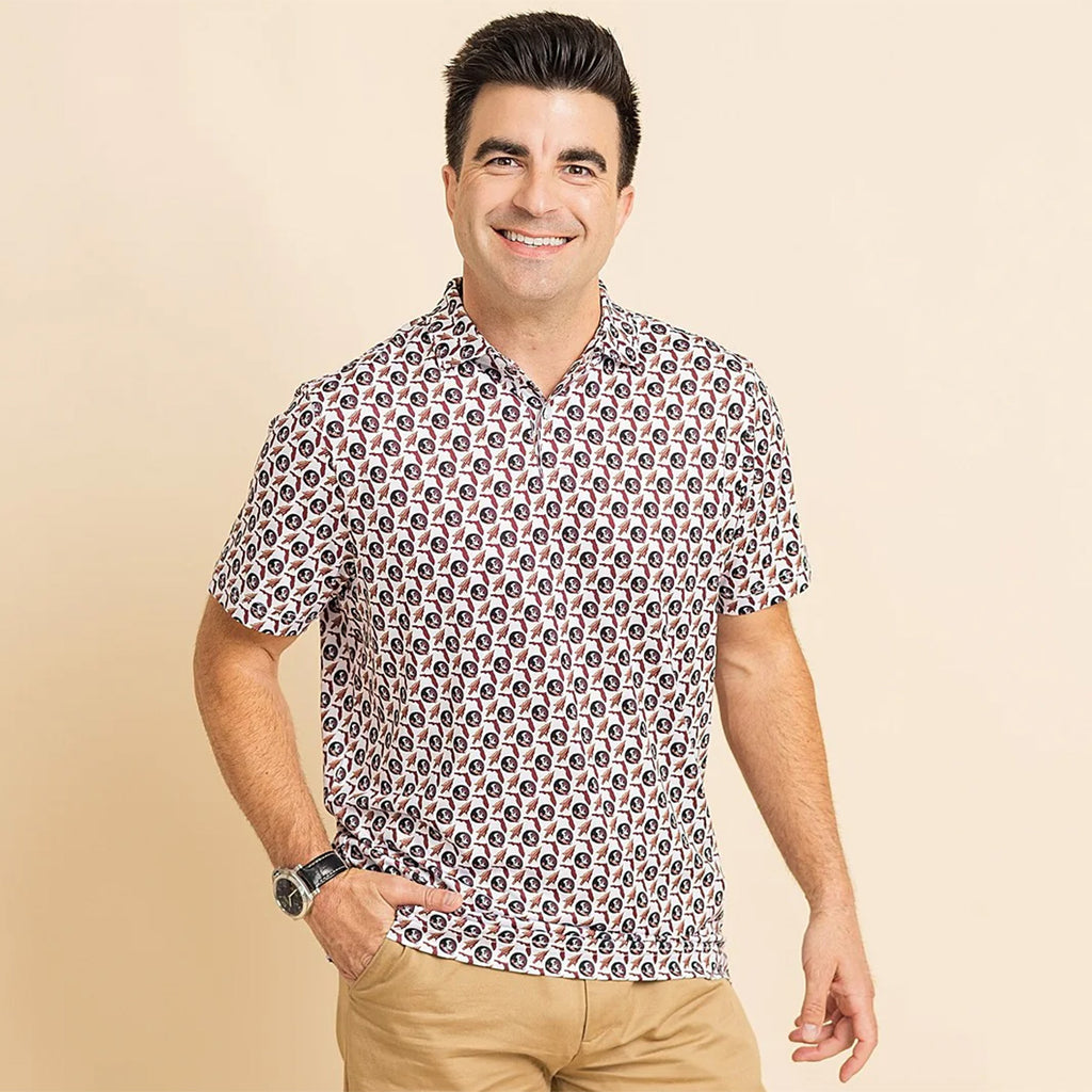 Warner Safari Men's Arrowhead/Seminole Logo/State of Florida Design Sublimated Polo - White