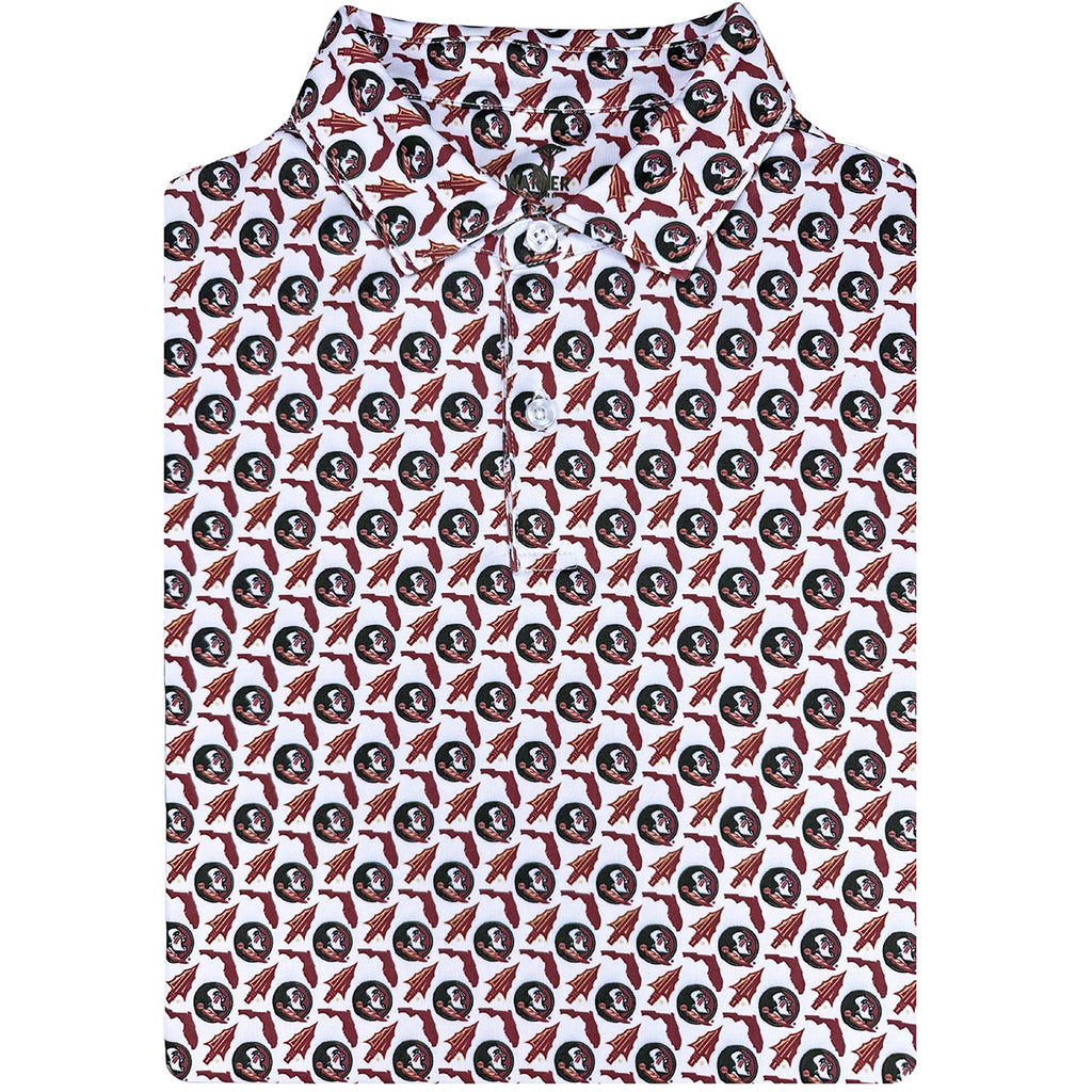 Warner Safari Men's Arrowhead/Seminole Logo/State of Florida Design Sublimated Polo - White