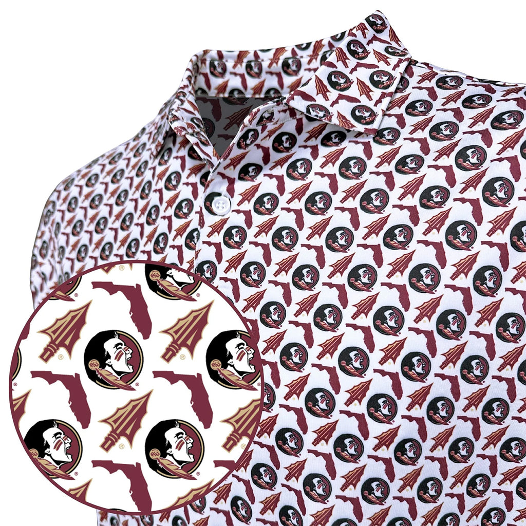 Warner Safari Men's Arrowhead/Seminole Logo/State of Florida Design Sublimated Polo - White