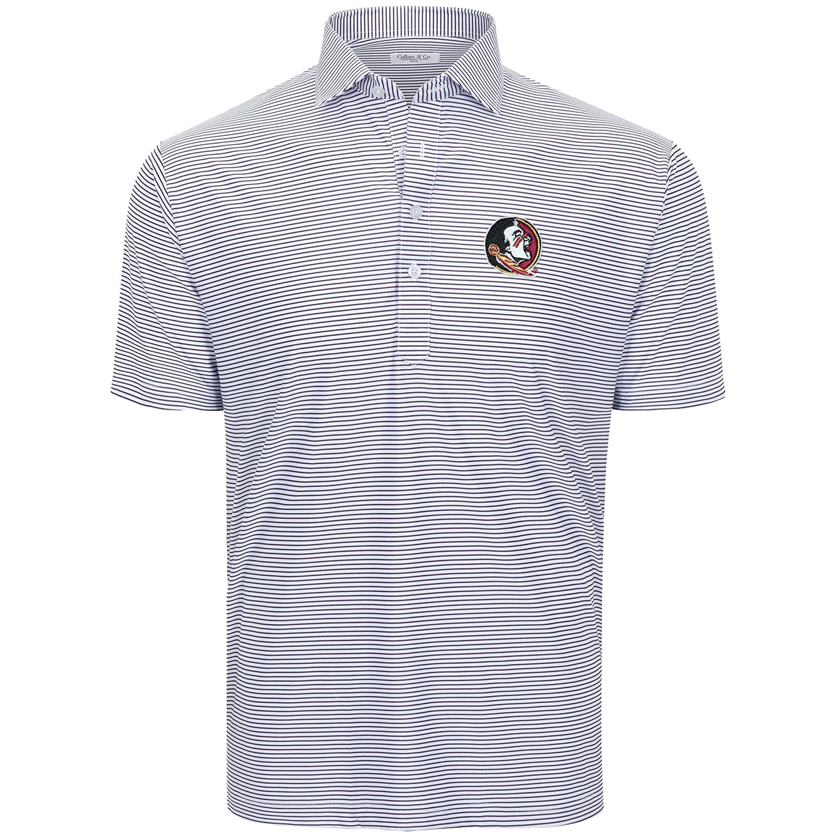 Collars and Co Men's Seminole Logo Striped Featherweight Flex Polo - White/Black