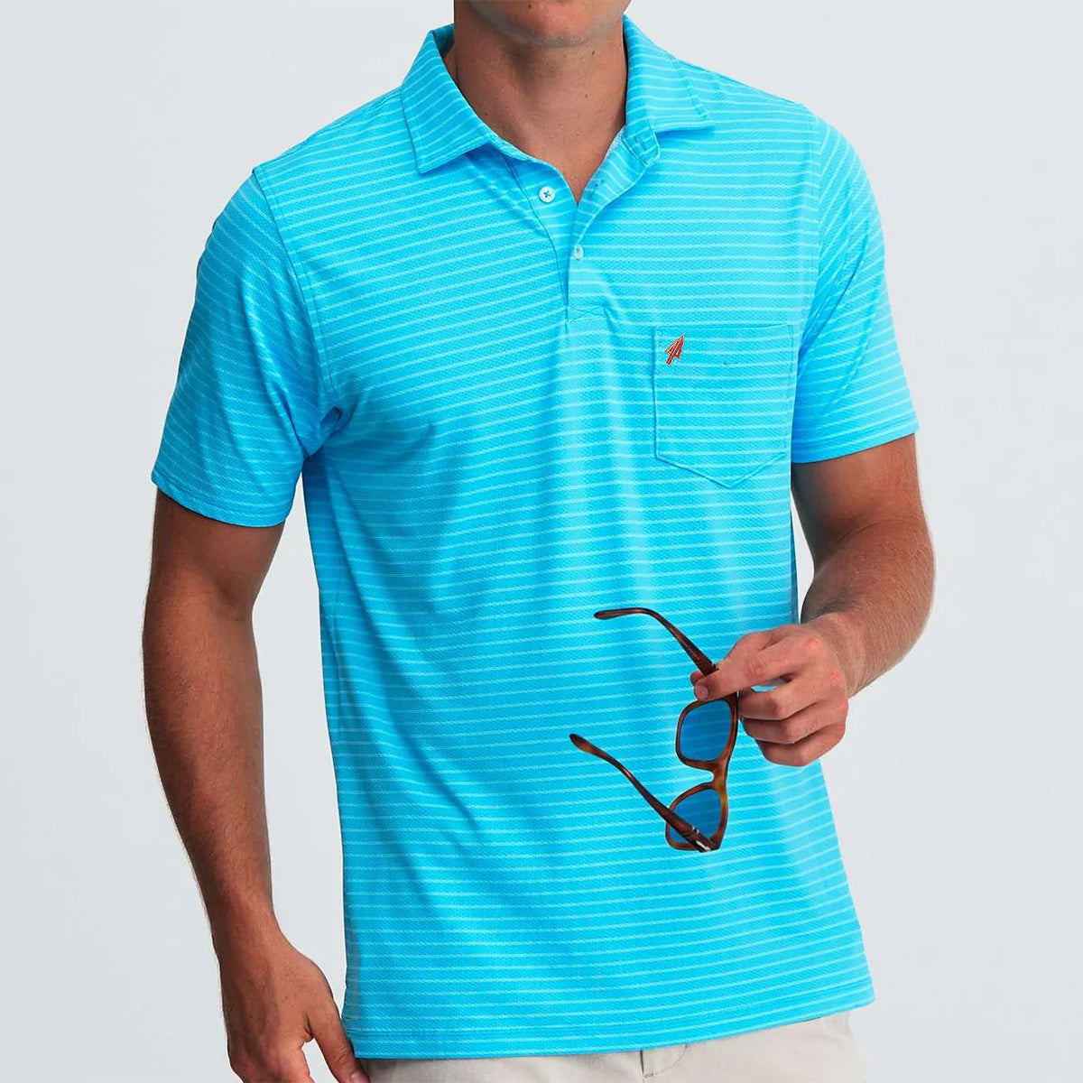 B. Draddy Men's Arrowhead Logo Cool Gil Striped Pocket Polo - Turquoise