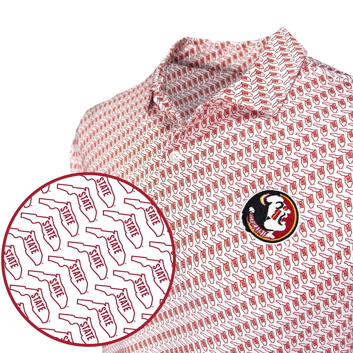 Warner Safari Men's Vault State of Florida Seminole Logo Design Sublimated Polo - White