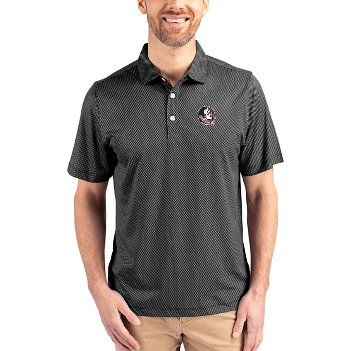 Cutter & Buck Men's Seminole Logo Pike Eco Symmetry Print Stretch Polo - Black