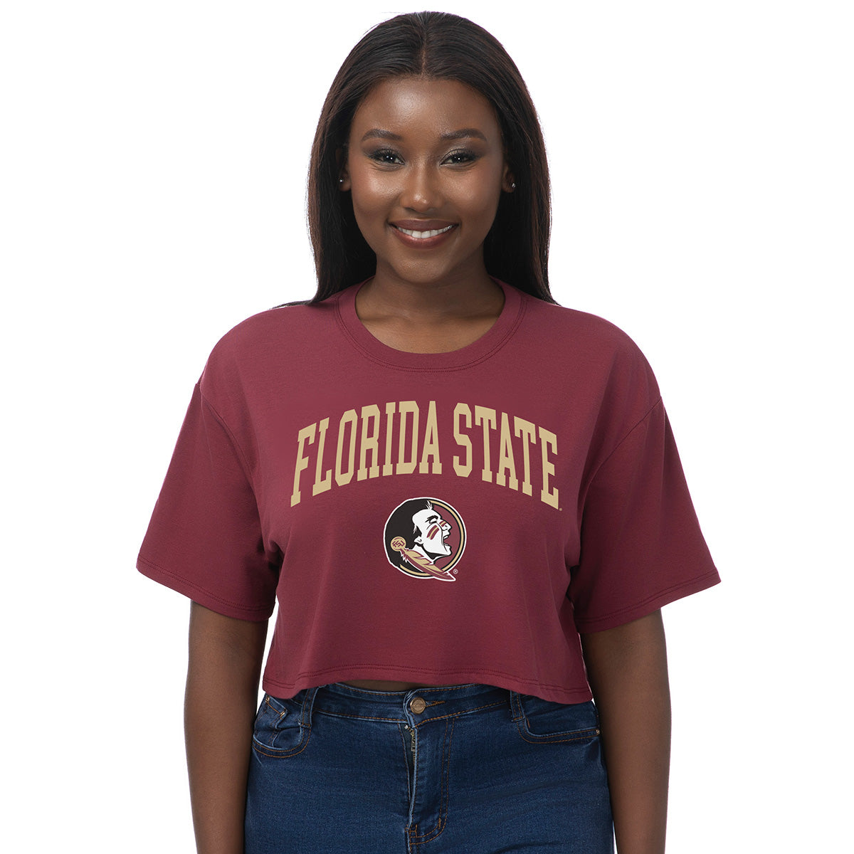 ZooZatz Women's Florida State/Seminole Logo Short Sleeve Boxy Crop Tri-blend T-shirt - Garnet