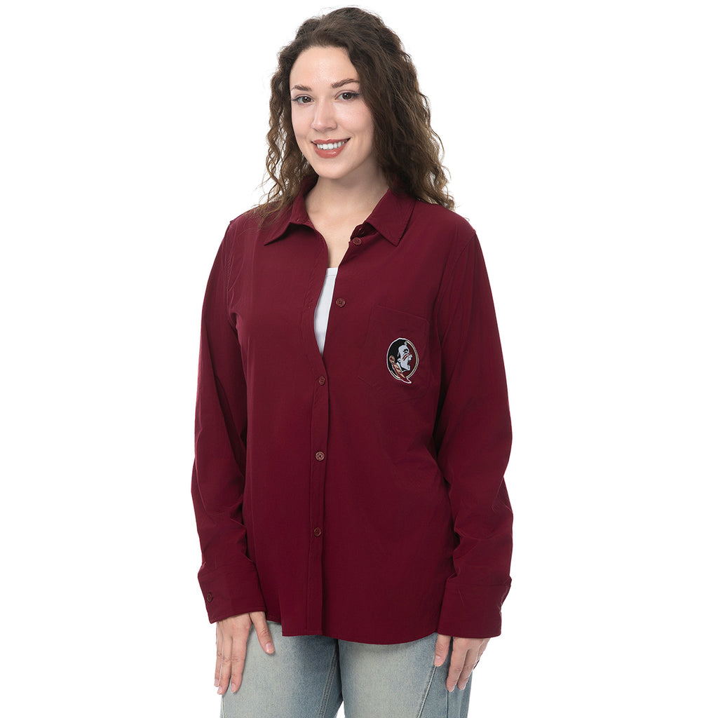 ZooZatz Women's Seminole Logo Stretch Woven Button Down Top - Garnet