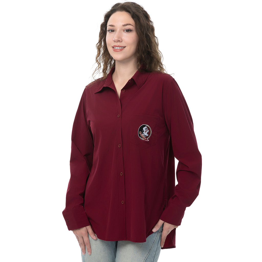 ZooZatz Women's Seminole Logo Stretch Woven Button Down Top - Garnet