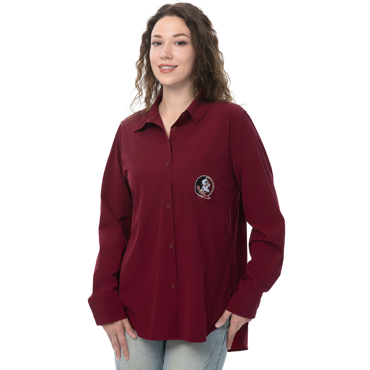 ZooZatz Women's Seminole Logo Stretch Woven Button Down Top - Garnet