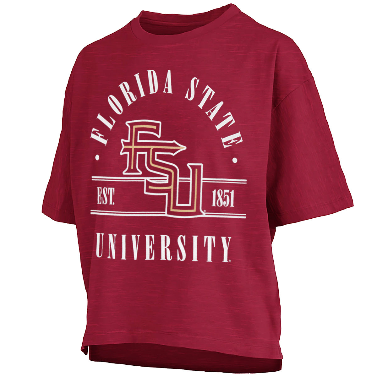 Pressbox Women's Florida State University/Stacked FSU Design Short Sleeve Waist-Length Oversized Slub Top - Garnet