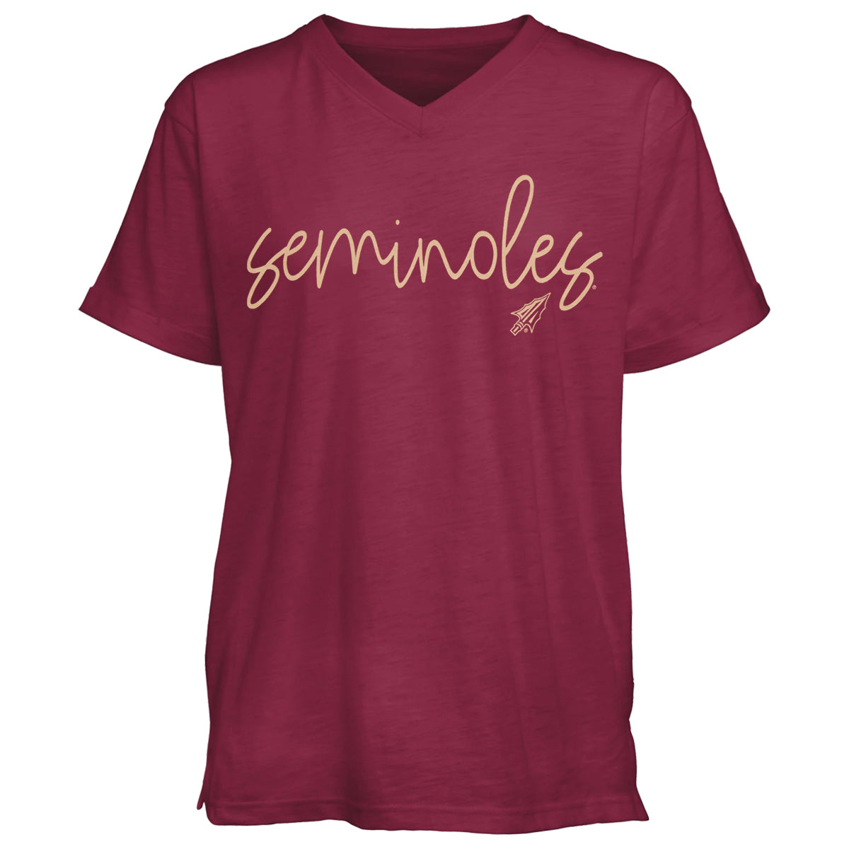 Pressbox Women's Seminoles/Arrowhead design Short Sleeve V-neck Relaxed Fit Slub T-shirt - Garnet