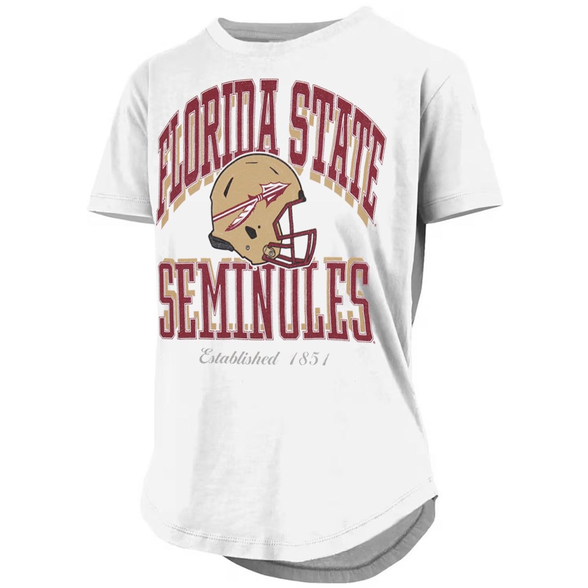 Pressbox Women's Florida State Seminoles Helmet Design Short Sleeve Rounded Bottom Top - White