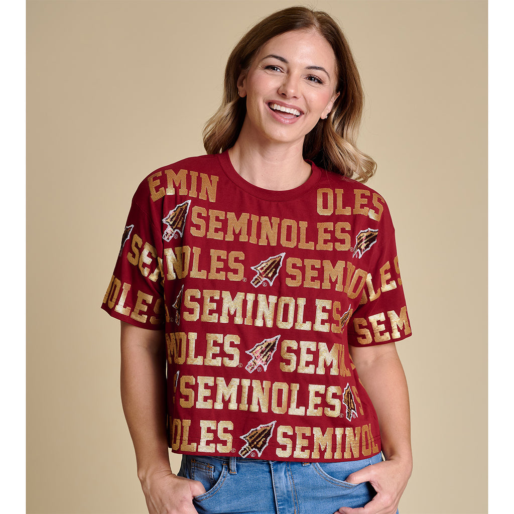 Stewart Simmons Women's Seminoles/Arrowhead Design Sequin Short Sleeve T-shirt - Garnet