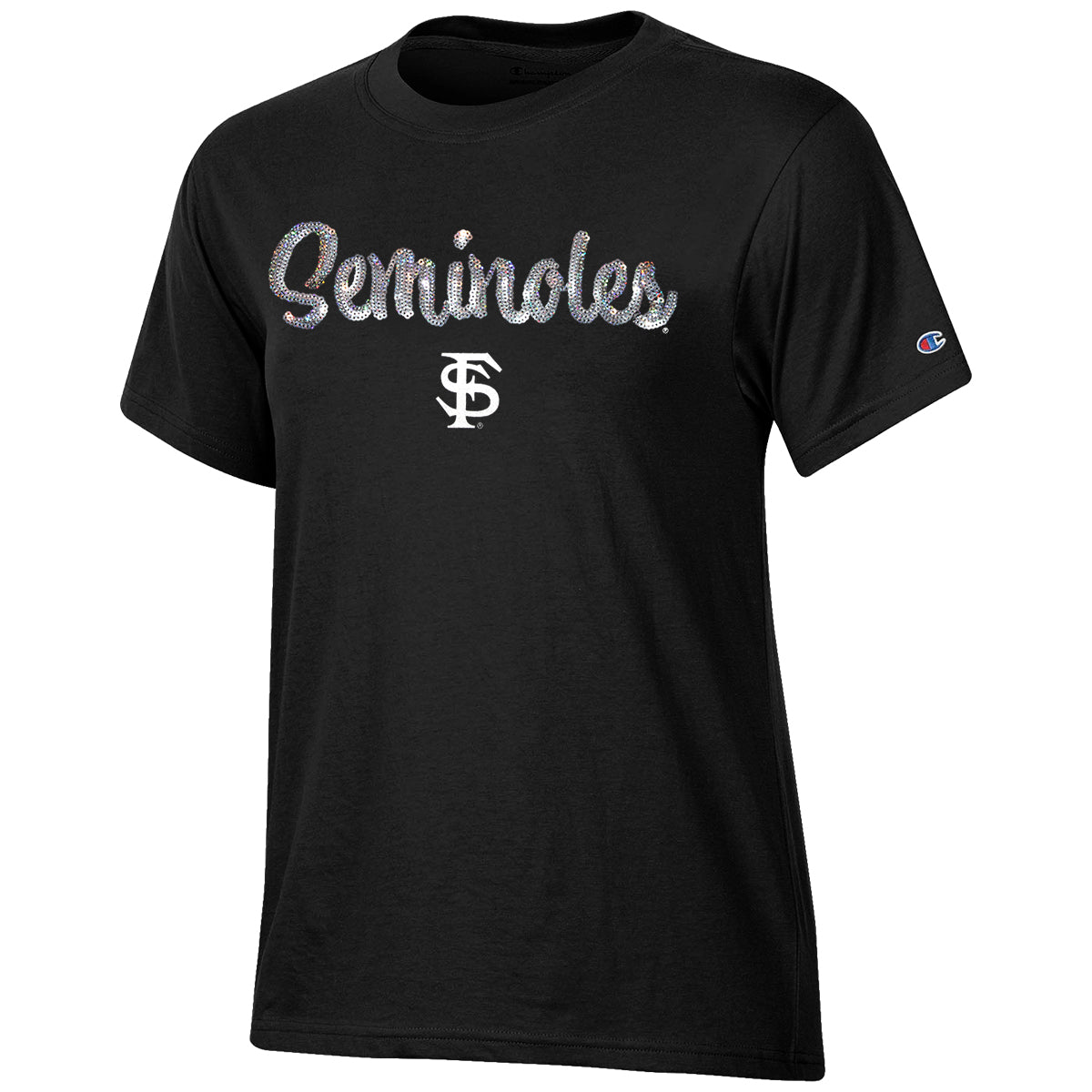 Champion Women's Seminoles/Interlocking FS Sequins Design Short Sleeve T-shirt - Black