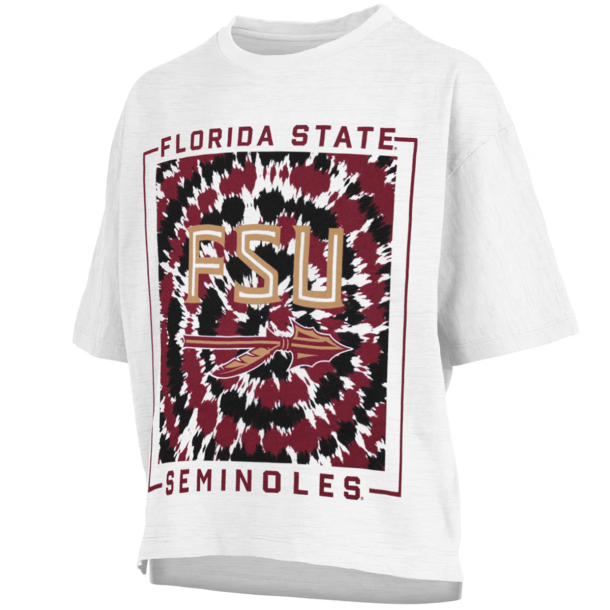 Pressbox Women's Florida State Seminoles FSU Spear Tie-dye Design Short Sleeve Oversized Slub Top - White