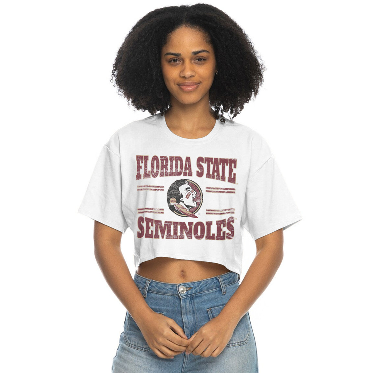 ZooZatz's Women's Florida State Seminoles/Seminole Logo Short Sleeve Boxy Crop T-shirt - White