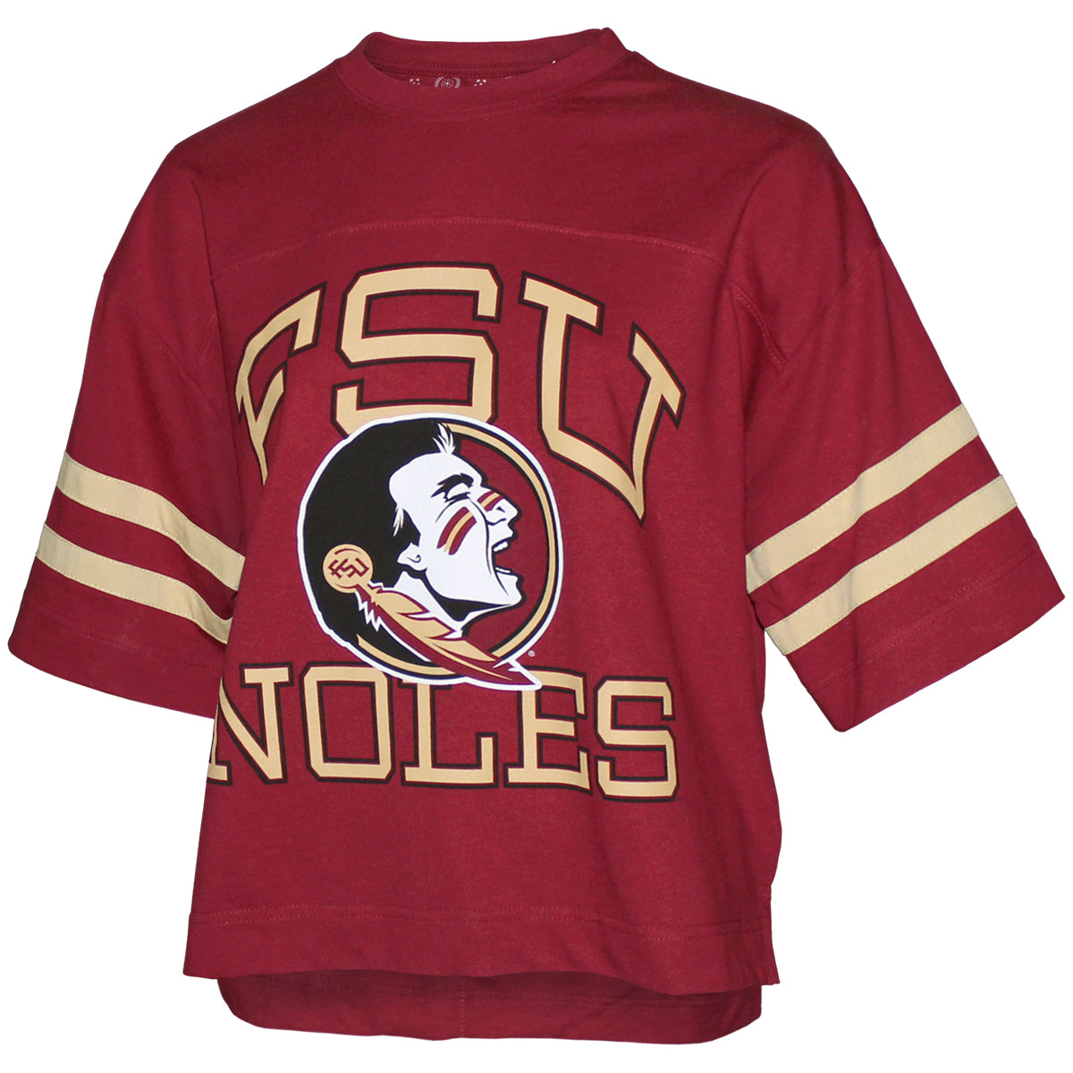 Pressbox Women's FSU Noles/Seminole Logo Design Short Sleeve Oversized Heavy Jersey Top - Garnet