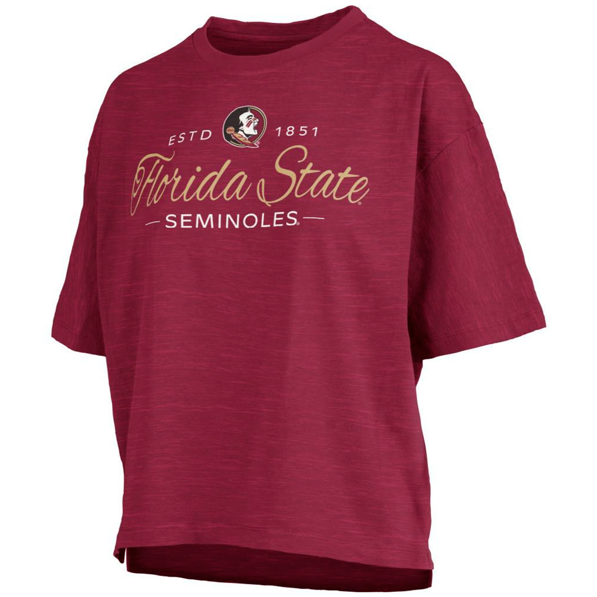 Pressbox Women's Florida State Seminoles/Seminole Logo Design Short Sleeve Waist Length Oversized T-shirt - Garnet
