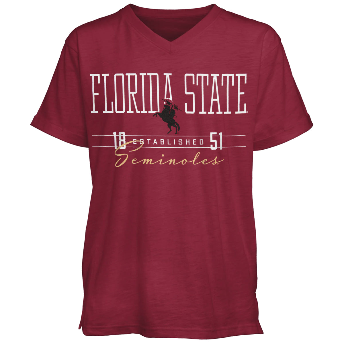 Pressbox Women's Florida State Seminoles Unconquered Silhouette Short Sleeve V-neck Relaxed Fit T-shirt - Garnet