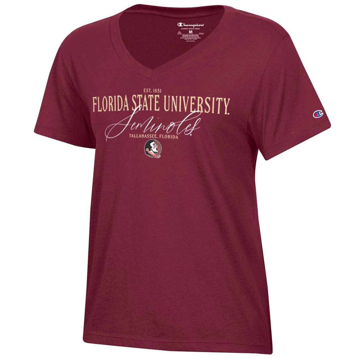 Champion Women's Florida State University Seminoles/Seminole Logo Design Short Sleeve V-neck T-shirt - Garnet