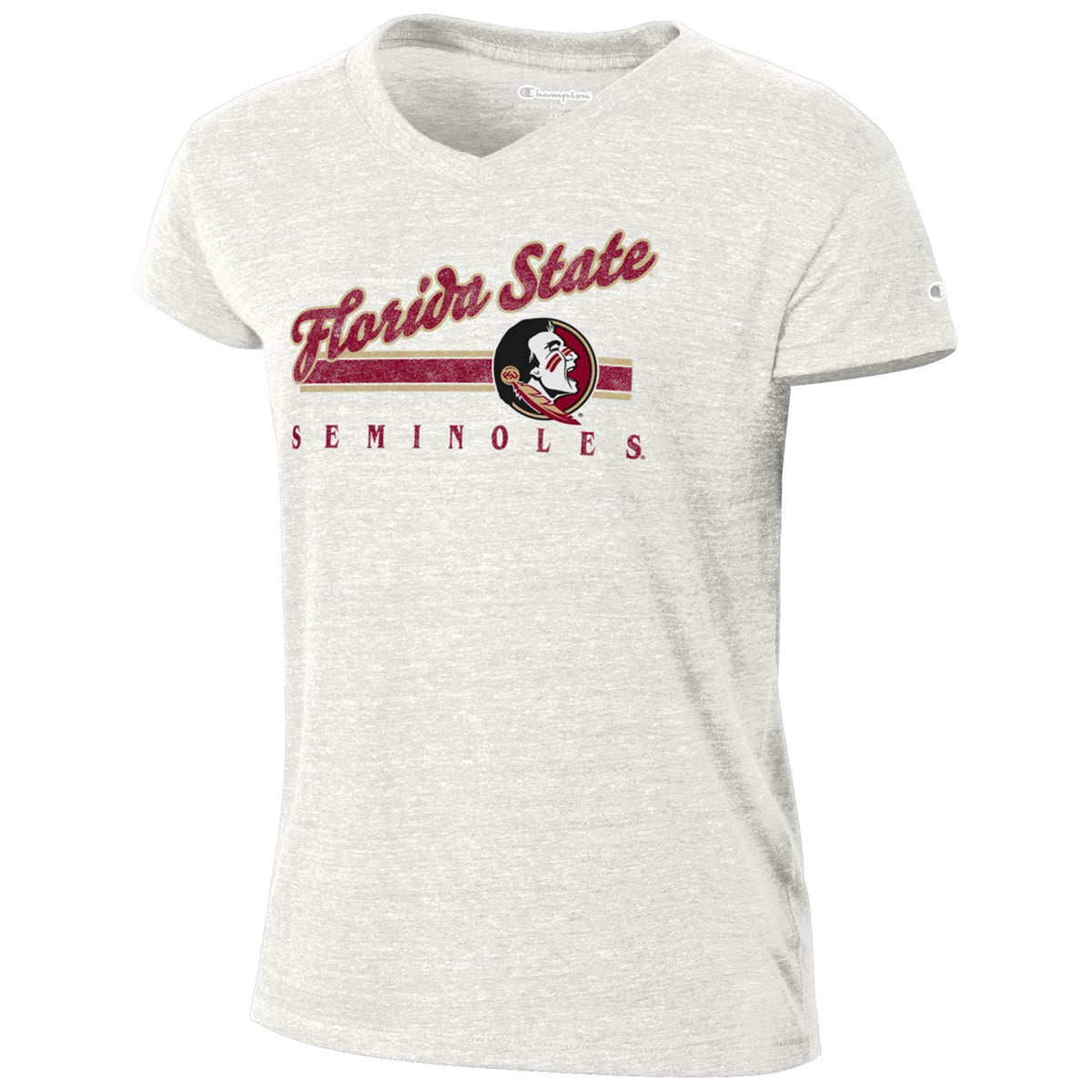 Champion Women's Florida State Seminoles/Seminole Logo Design Short Sleeve Tri-blend V-neck T-shirt - White Alabaster