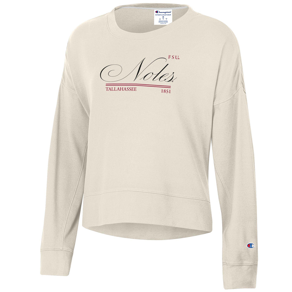 Champion Women's FSU Noles Design Sueded Soft Touch Waist Length Crew - Ivory