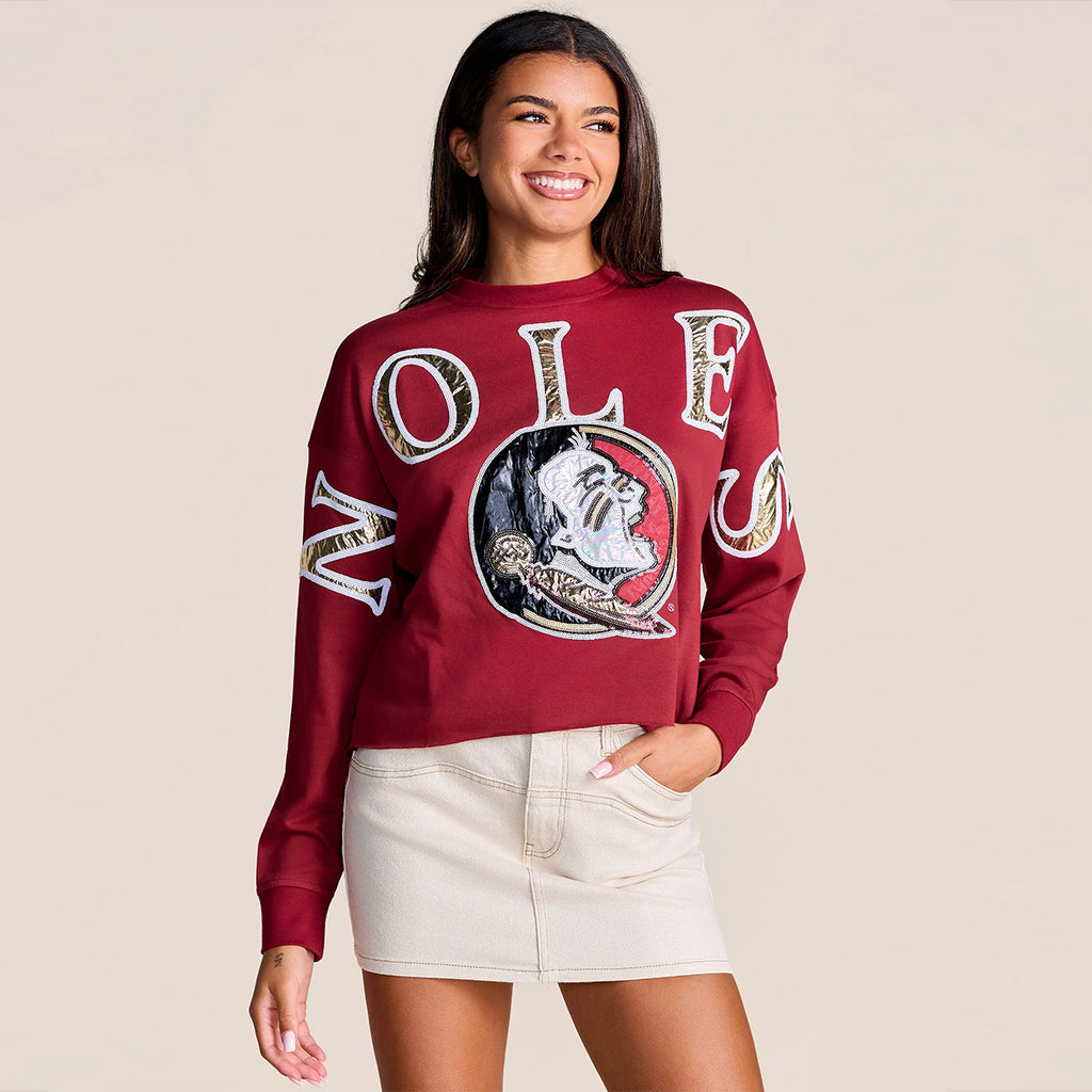 Stewart Simmons Women's Noles/Seminole Logo Holographic Design Crewneck Sweater - Garnet