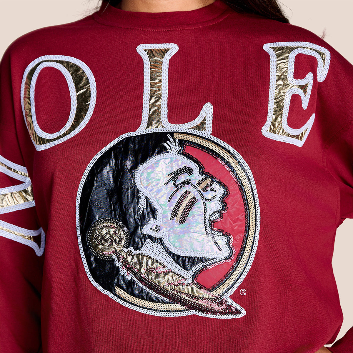 Stewart Simmons Women's Noles/Seminole Logo Holographic Design Crewneck Sweater - Garnet