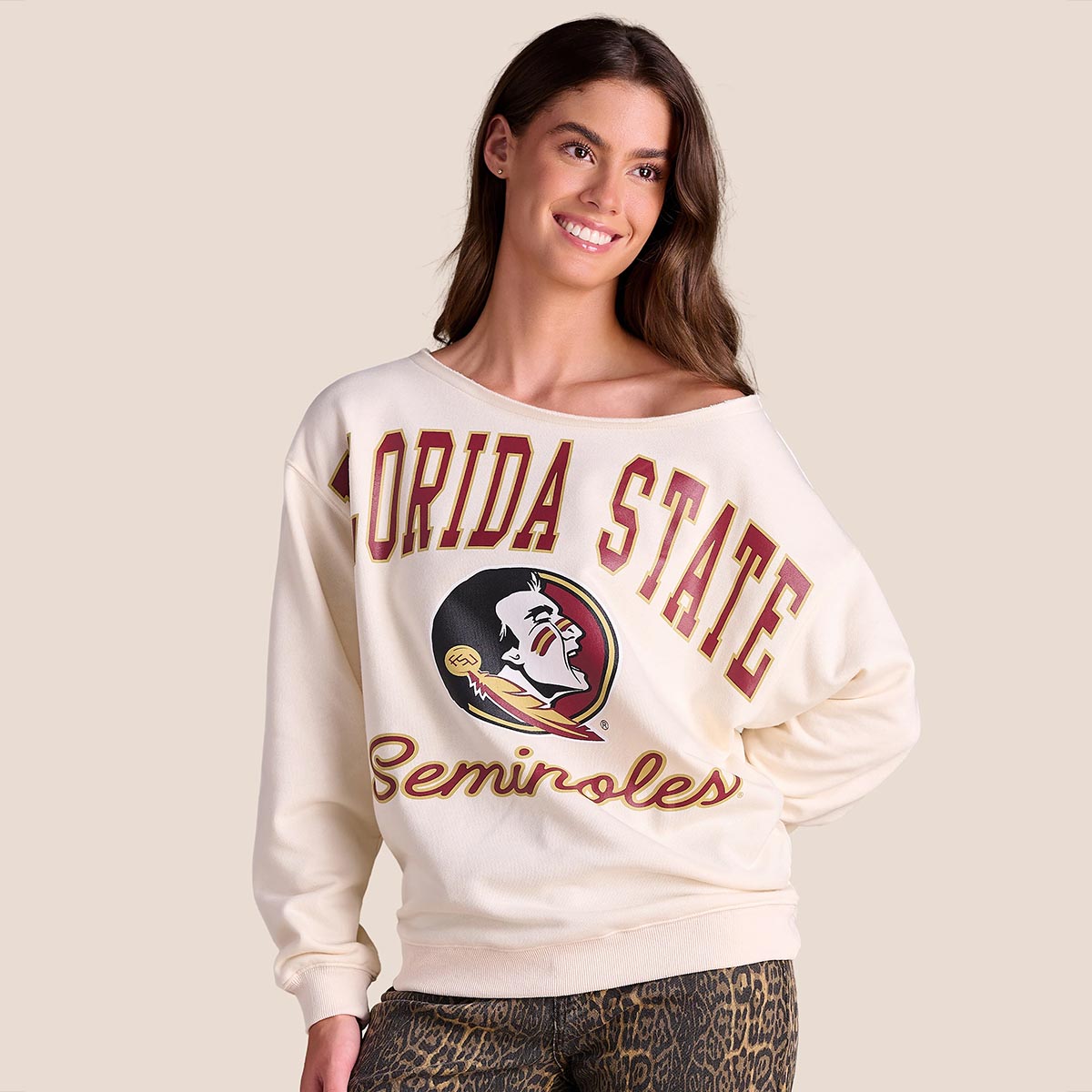 Stewart Simmons Women's Florida State Seminoles/Seminole Logo Off-Shoulder Crew Fleece - Off White