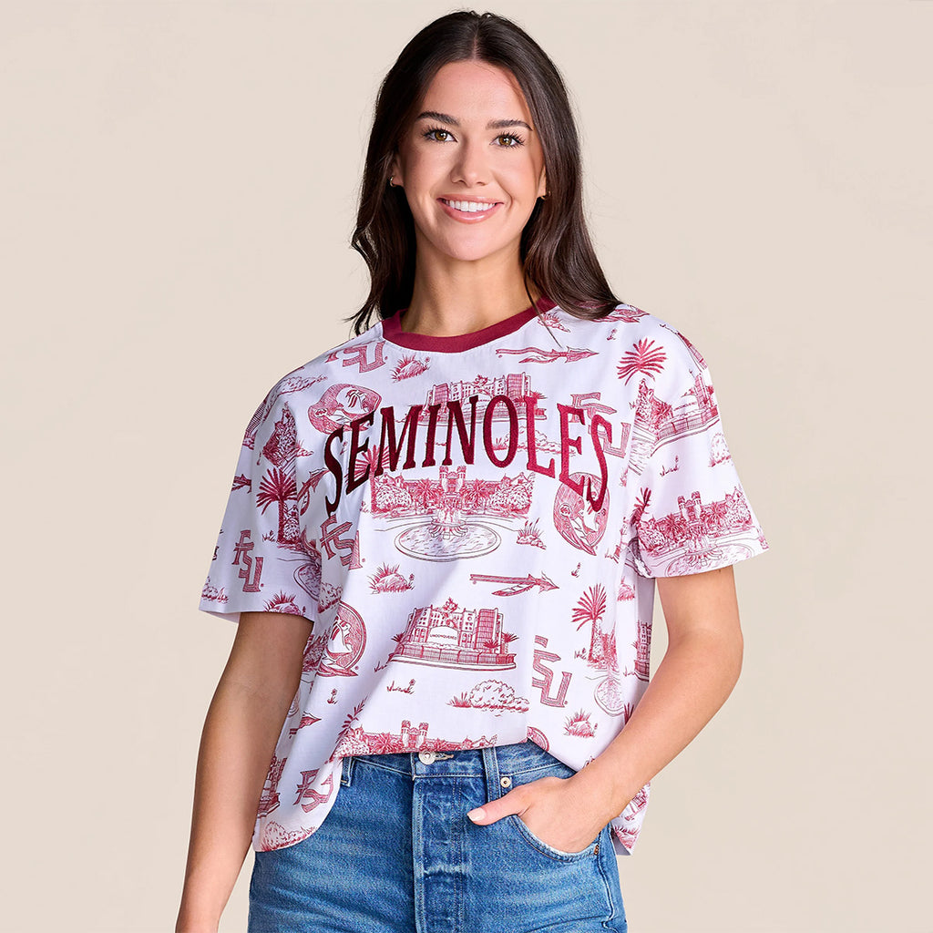 Stewart Simmons Women's Iconic Landmarks Seminoles Design Relaxed Fit Top - White/Garnet
