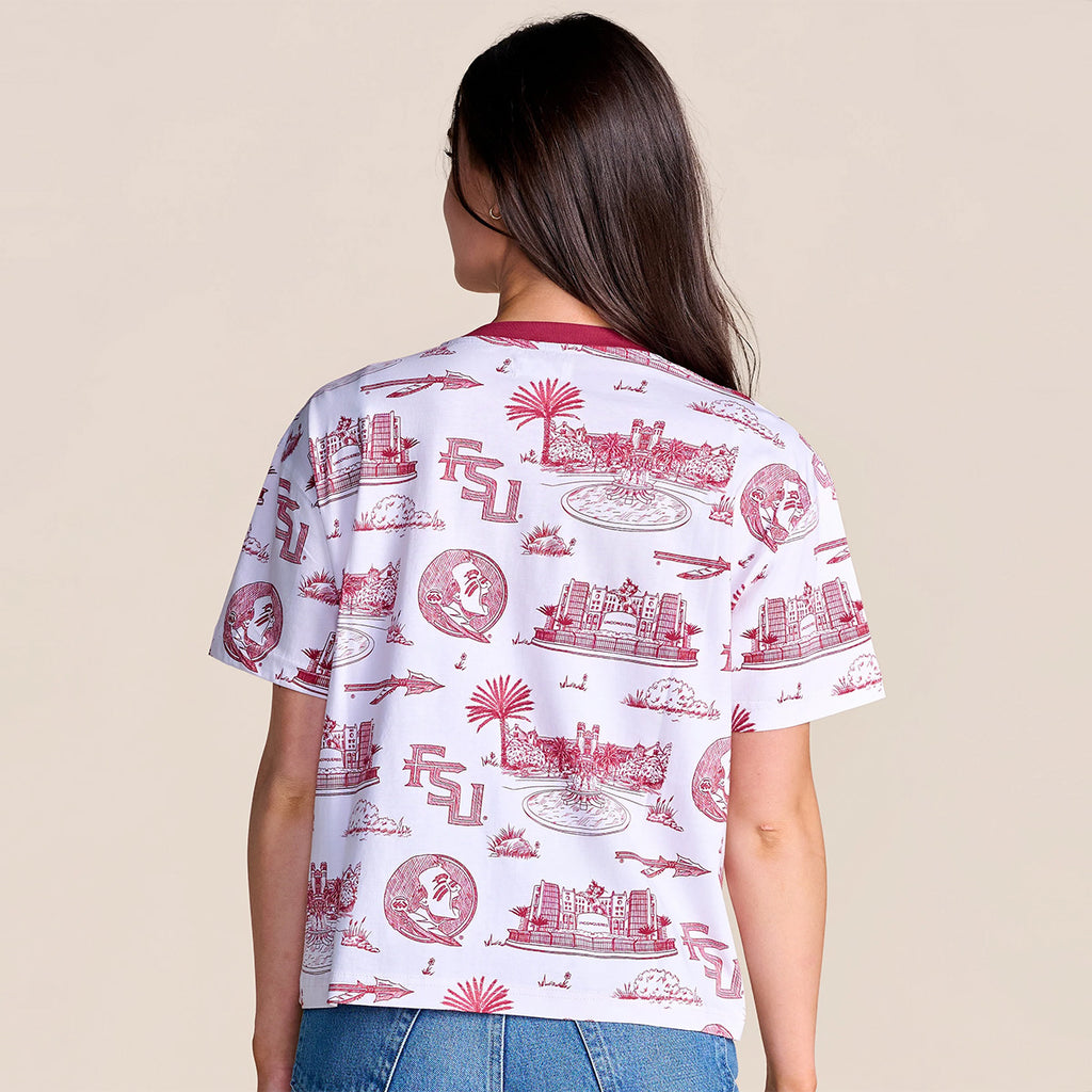 Stewart Simmons Women's Iconic Landmarks Seminoles Design Relaxed Fit Top - White/Garnet