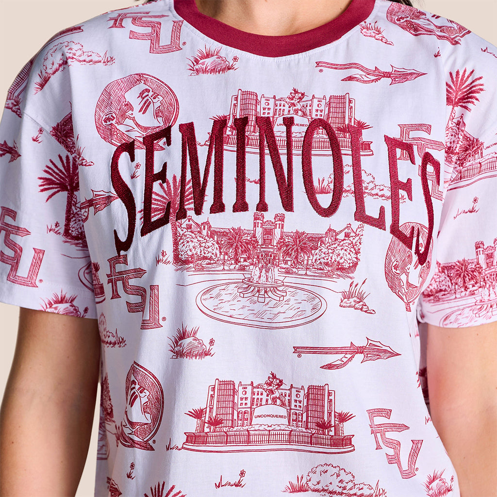Stewart Simmons Women's Iconic Landmarks Seminoles Design Relaxed Fit Top - White/Garnet