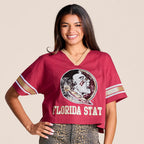 Stewart Simmons Women's Seminole Logo/Florida State Short Sleeve V-neck Top - Garnet/Gold