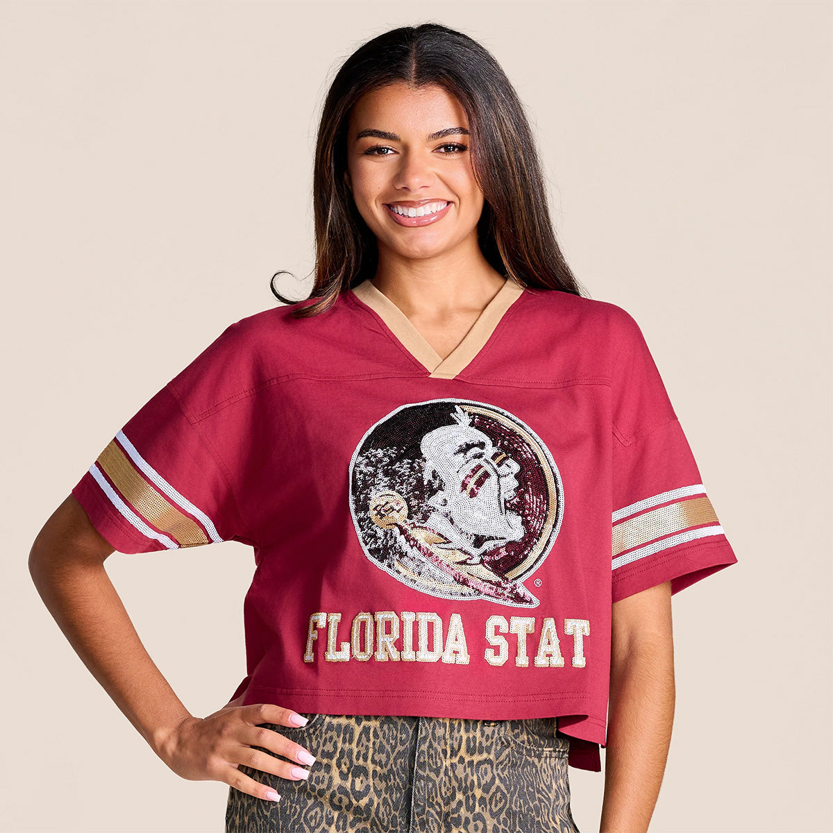Stewart Simmons Women's Seminole Logo/Florida State Short Sleeve V-neck Top - Garnet/Gold