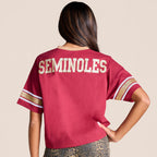 Stewart Simmons Women's Seminole Logo/Florida State Short Sleeve V-neck Top - Garnet/Gold