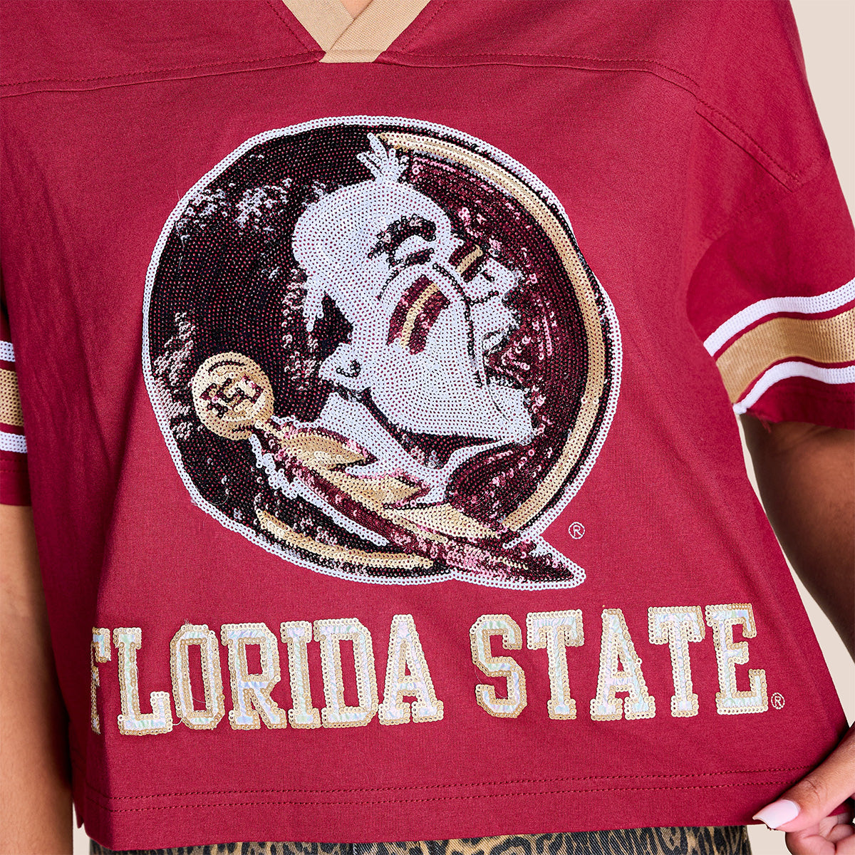 Stewart Simmons Women's Seminole Logo/Florida State Short Sleeve V-neck Top - Garnet/Gold