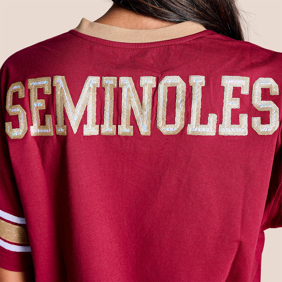 Stewart Simmons Women's Seminole Logo/Florida State Short Sleeve V-neck Top - Garnet/Gold