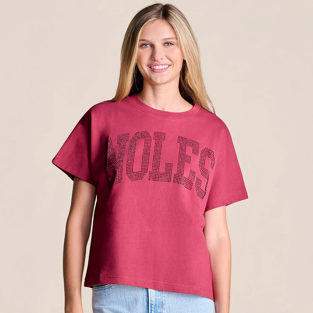 Stewart Simmons Women's Tonal Rhinestone Noles Boxy Short Sleeve Top - Garnet