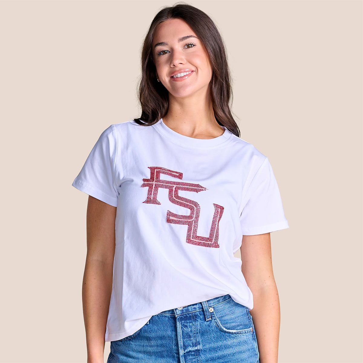 Stewart Simmons Women's Beaded Stacked FSU Classic Fit Short Sleeve Top - White