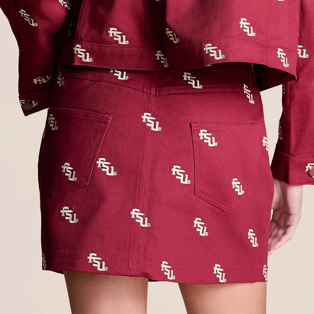 Stewart Simmons Women's Stacked FSU All Over Design Denim Mini Skirt - Garnet