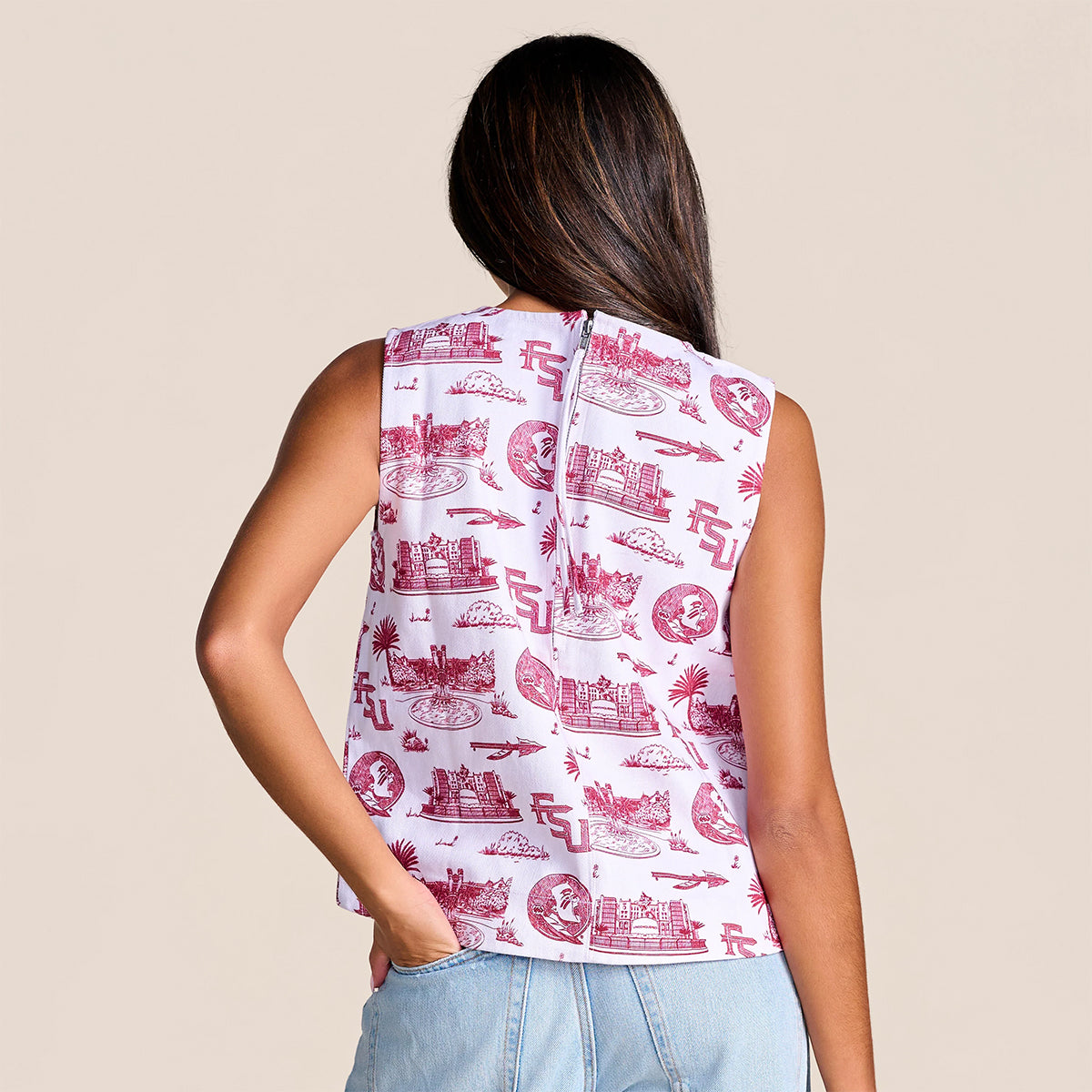 Stewart Simmons Women's Florida State Campus All Over Design Denim Boxy Tank - White